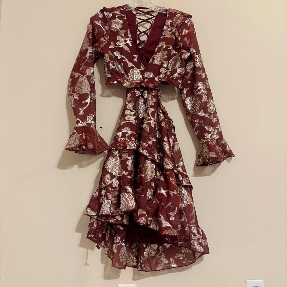Altar'd State Mollee GG143 Burgundy Gold Metallic Floral Mini Dress Medium - Picture 9 of 15